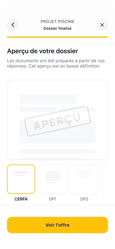 Écran d'aperçu du dossier, avec le formulaire CERFA et les plans