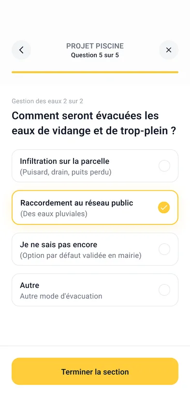 Écran de la question sur l'évacuation des eaux de vidange et de trop-plein de la piscine