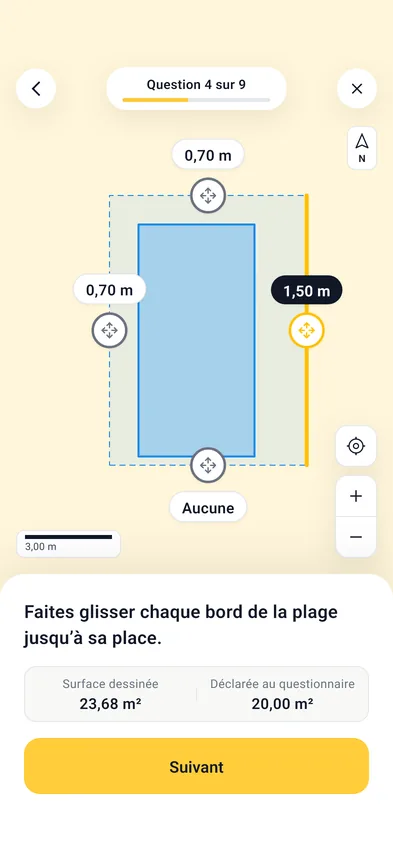 Écran du plan de masse, avec la largeur de la plage réglée au doigt de chaque côté du bassin