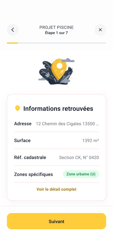 Écran des informations retrouvées sur la parcelle : adresse, surface, référence cadastrale et zone du plan local d'urbanisme